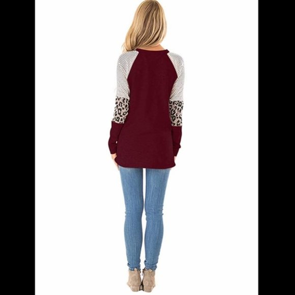 Long Sleeve Leopard Color Block Round Neck TAN - Picture 3 of 5